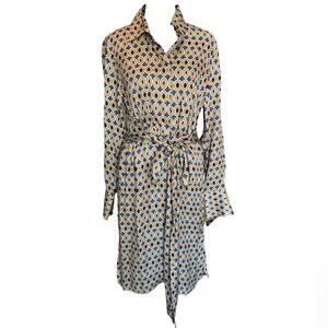 Robert Friedman Blue Gold Printed Button Down Tie Waist Dress Size XS